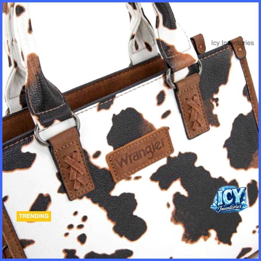 Western Retro Top Handle Tote Bag with Cow Print and Whipstitch Details - Picture 6 of 7